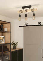 3 Light Black Steel Natural Wooden Bar Wooden Ceiling Light