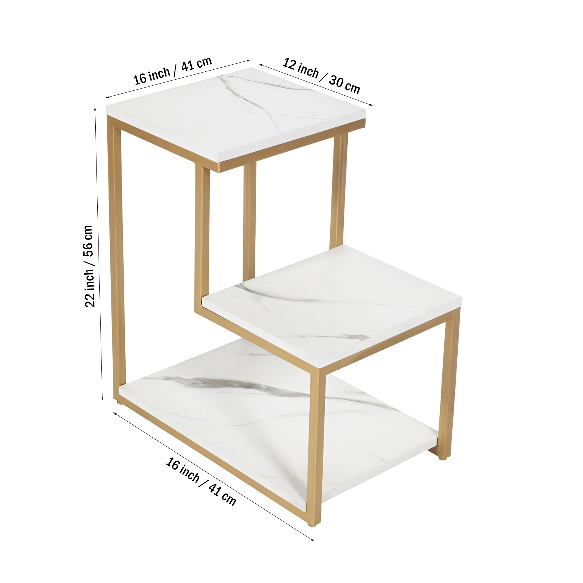 3 - Tier Modern Side Table with Storage Shelf with Golden Metal Finish - Decor Smart