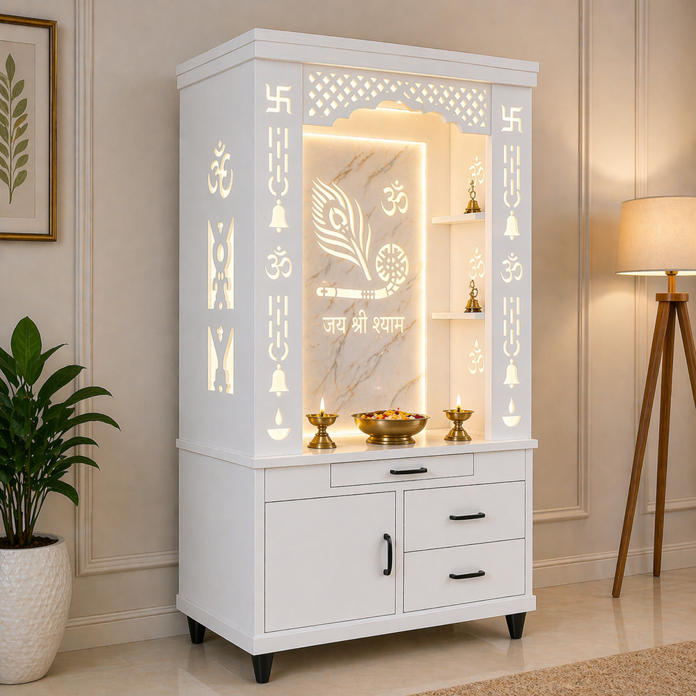 Lavish White Finish Wooden Floor Temple with Jai Shree Shyam and Murli LED Back Panel & Spacious Drawer Storage Cabinet for Home & Office