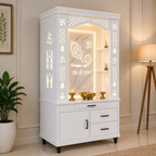 Lavish White Finish Wooden Floor Temple with Jai Shree Shyam and Murli LED Back Panel & Spacious Drawer Storage Cabinet for Home & Office