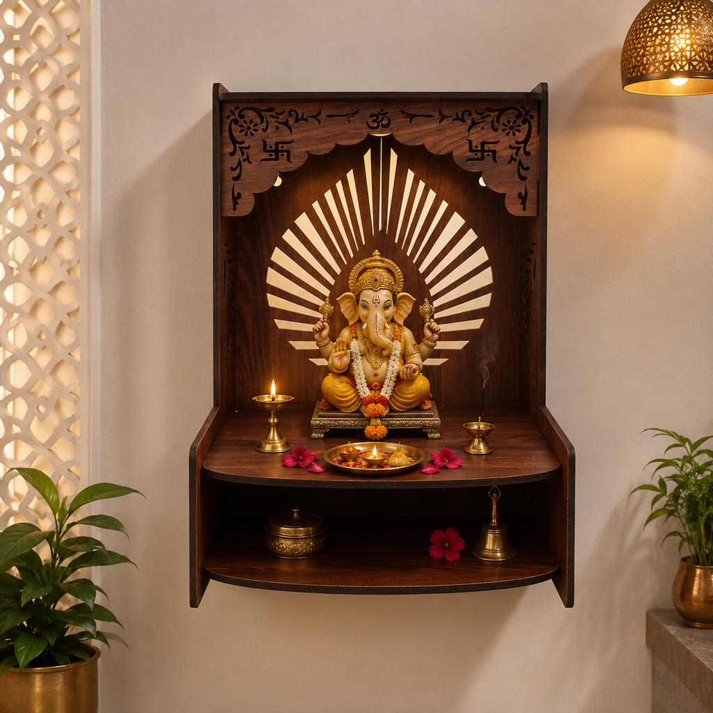 Aesthetic Wooden Temple for Home with Spacious Shelf & Inbuilt Focus Lights