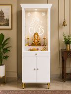Contemporary Puja Unit with Storage and Designer Ganesha Back