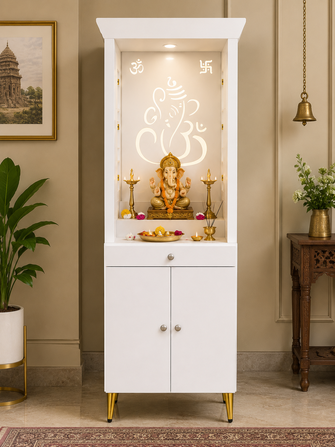 Contemporary Puja Unit with Storage and Designer Ganesha Back