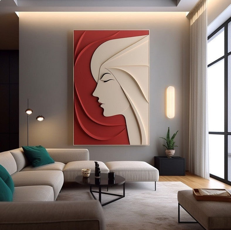Elegant Woman Silhouette Minimal 3D Wall Art Red Beige