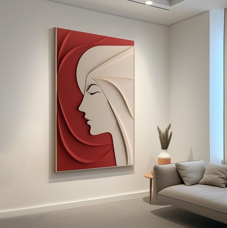 Elegant Woman Silhouette Minimal 3D Wall Art Red Beige