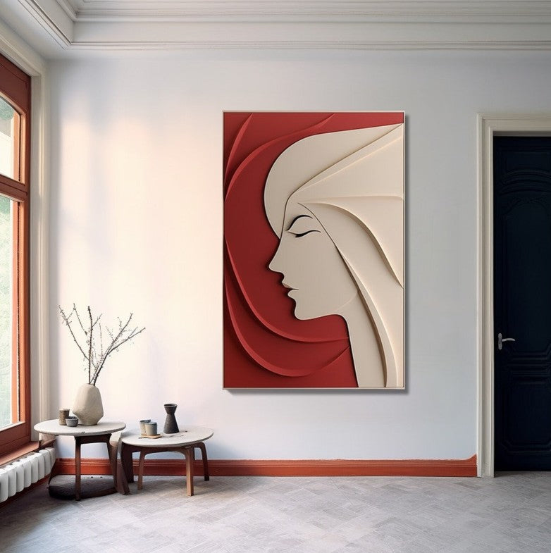 Elegant Woman Silhouette Minimal 3D Wall Art Red Beige