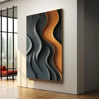 Flowing Curves Grey and Gold Modern 3D Wall Art