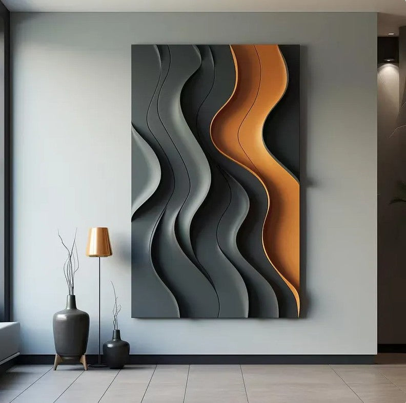 Flowing Curves Grey and Gold Modern 3D Wall Art