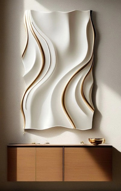 Calm White Waves with Gold Lines 3D Wall Art