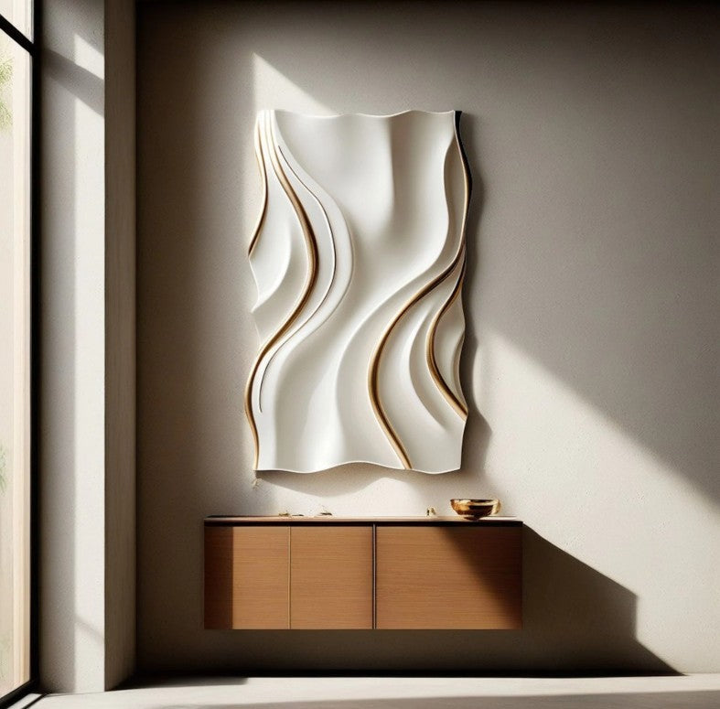 Calm White Waves with Gold Lines 3D Wall Art
