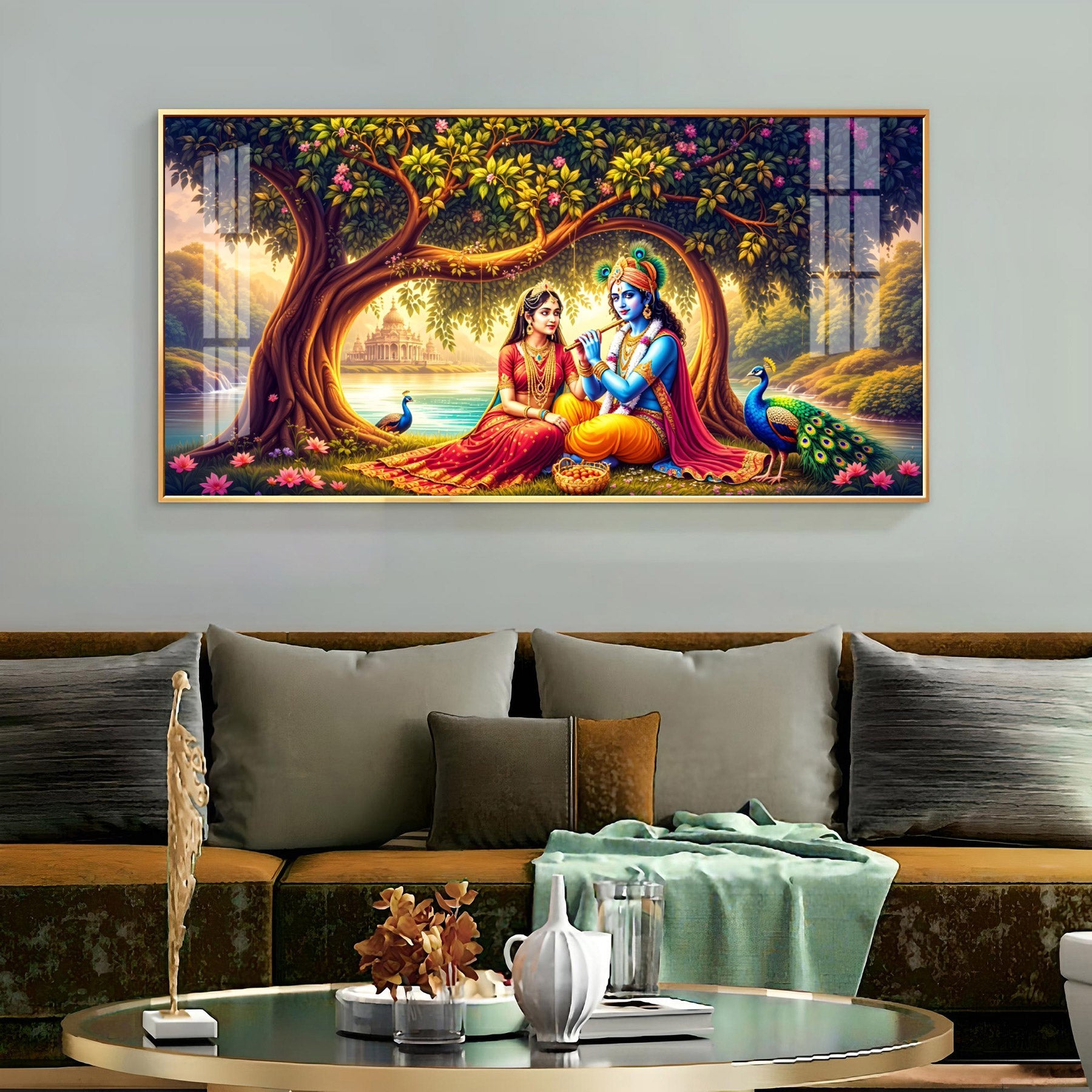 Krishna With Radha In Sunset Premium Acrylic Horizontal Wall Art