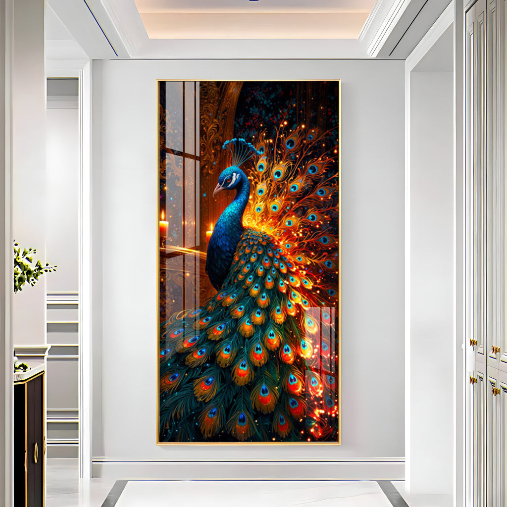 Peacock In Blaze Premium Acrylic Vertical Wall Art