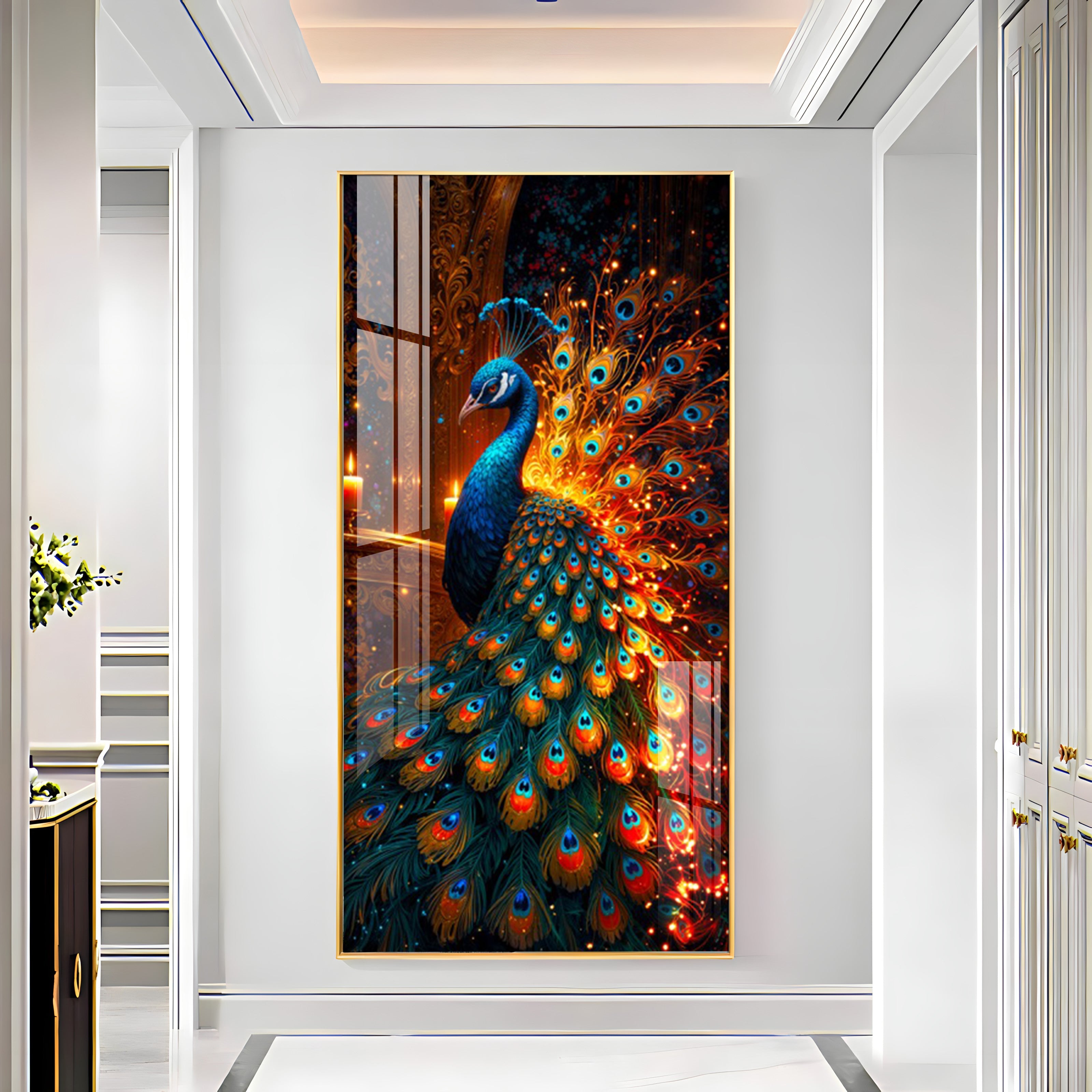 Peacock In Blaze Premium Acrylic Vertical Wall Art