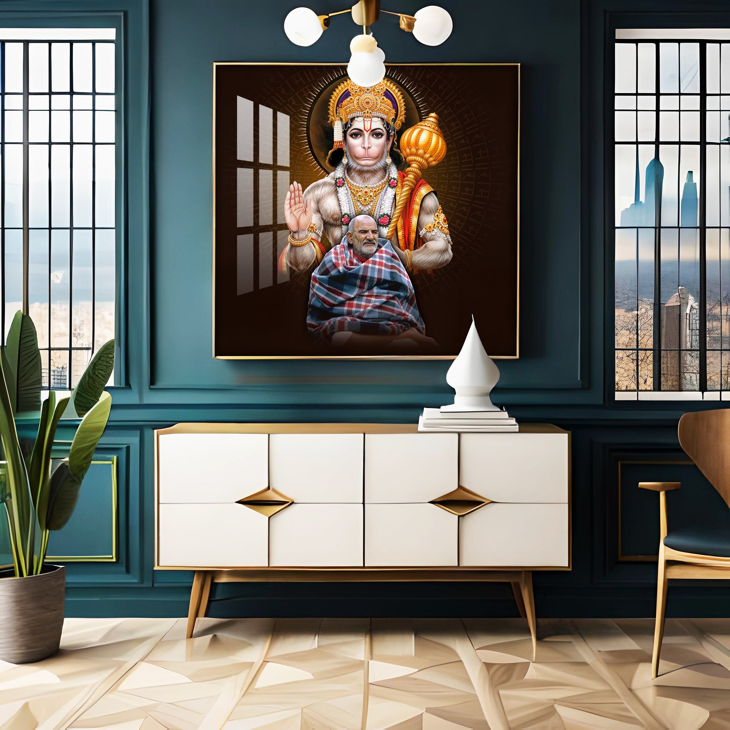 Lord Hanuman Ji and Neem Karoli Baba Premium Acrylic Square Wall Art
