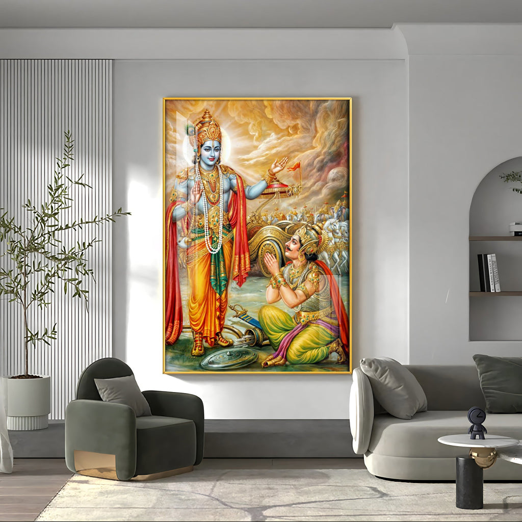 Lord Krishna & Arjuna Premium Acrylic Vertical Wall Art