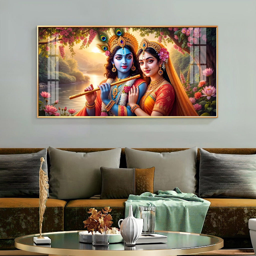 Radha With Krishna Playing Flute Premium Acrylic Horizontal Wall Art