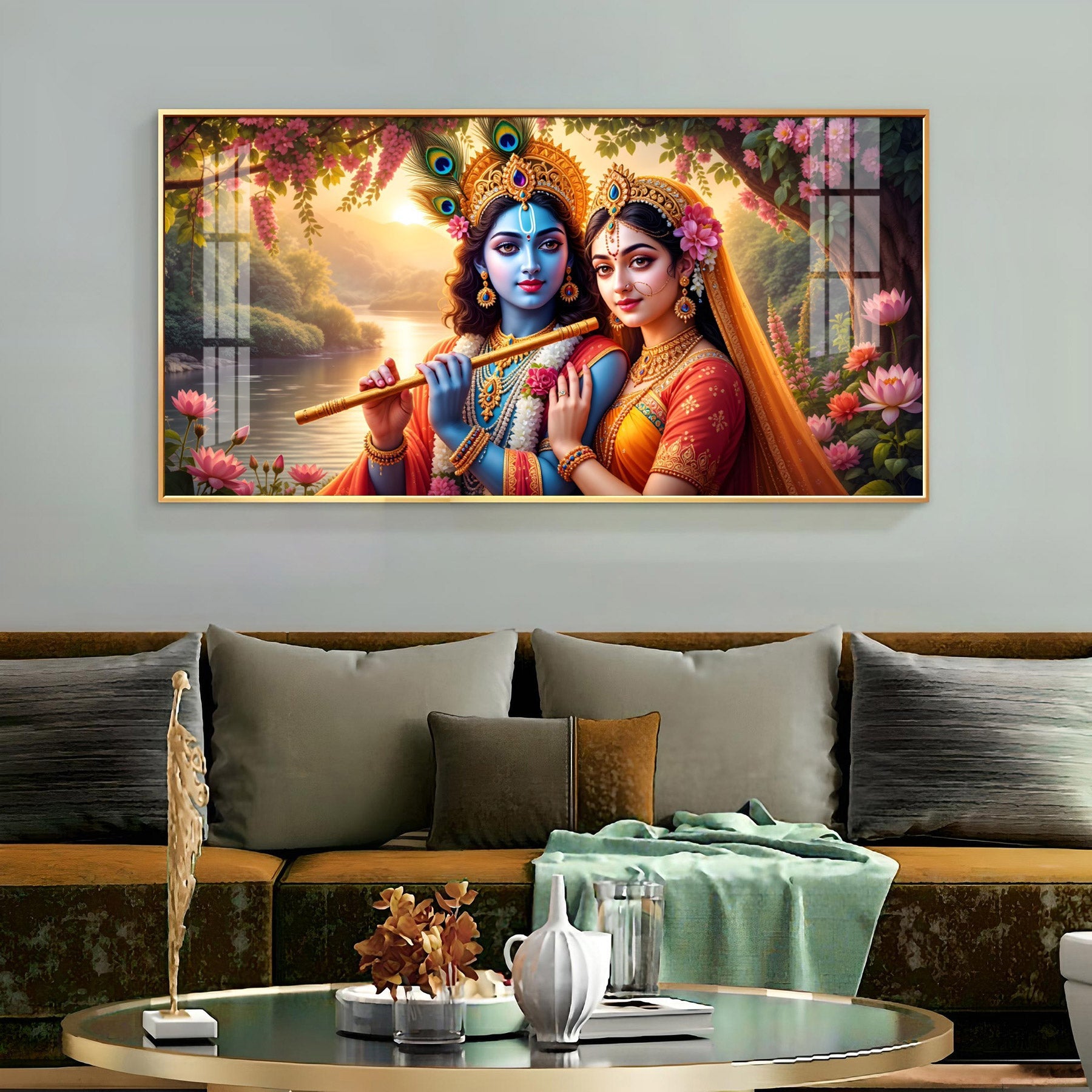 Radha With Krishna Playing Flute Premium Acrylic Horizontal Wall Art