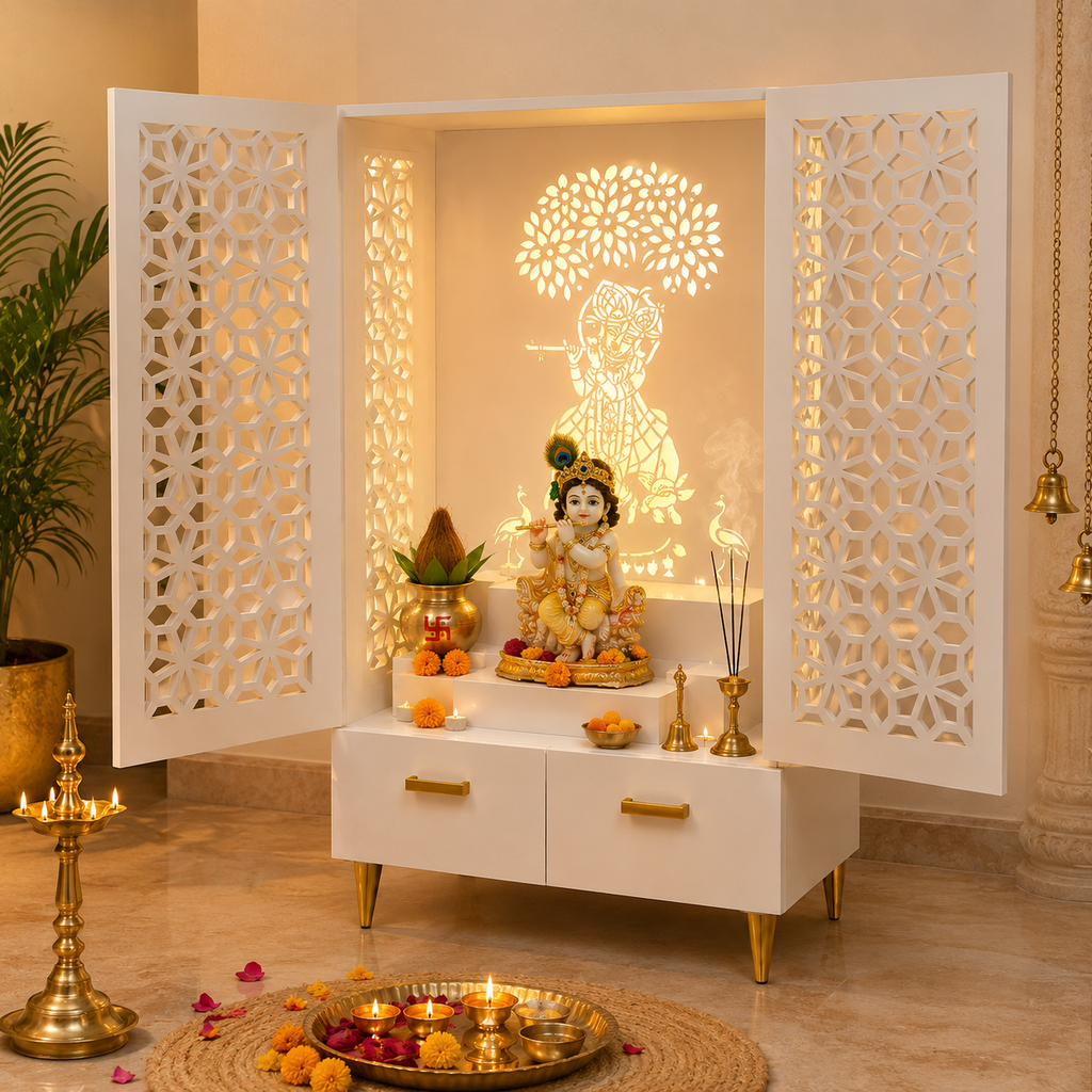 Brown Wooden Mandir for Home with Backlit Krishna and Peacocks