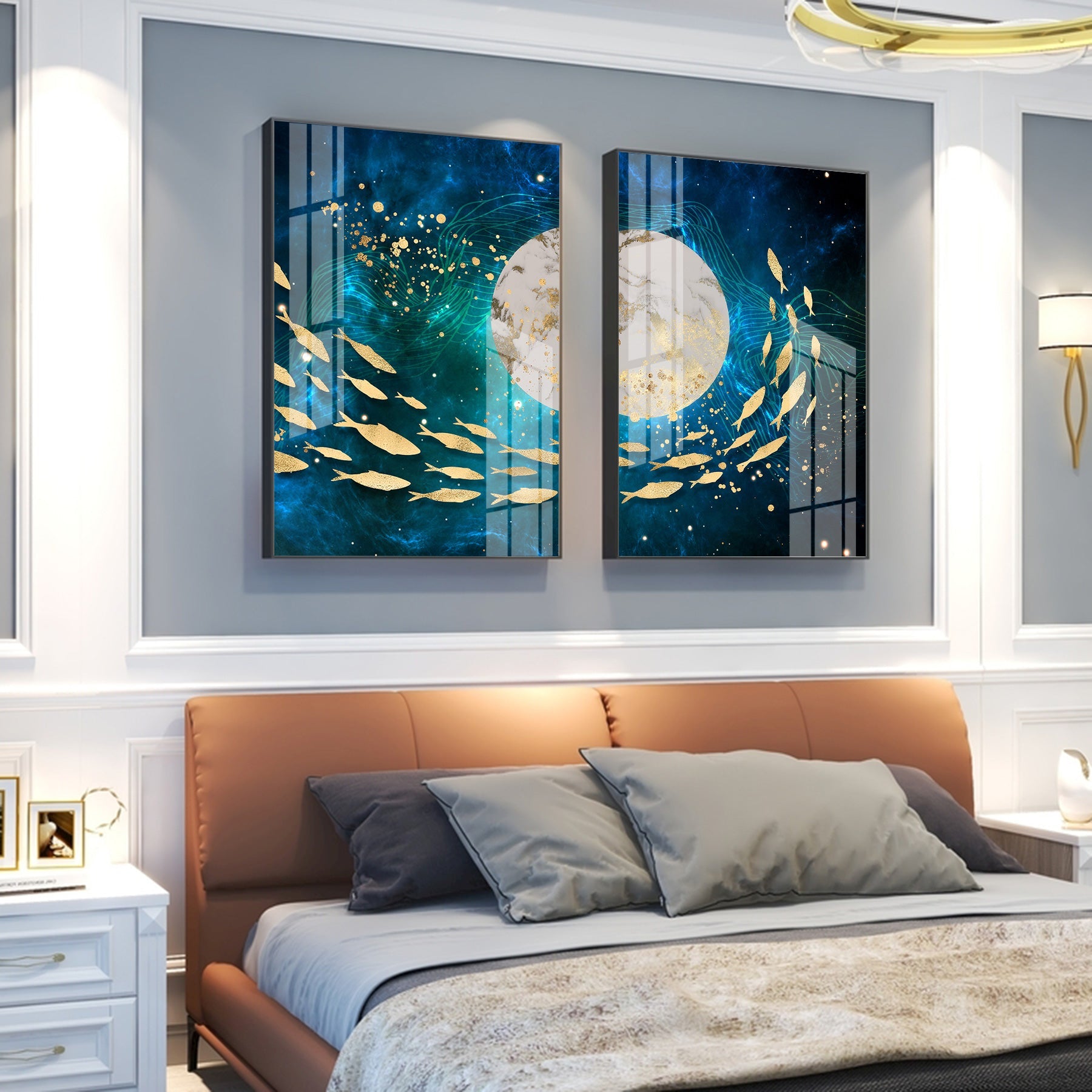 Golden Koi Fish Premium Acrylic Vertical Wall Art (Set Of 2)