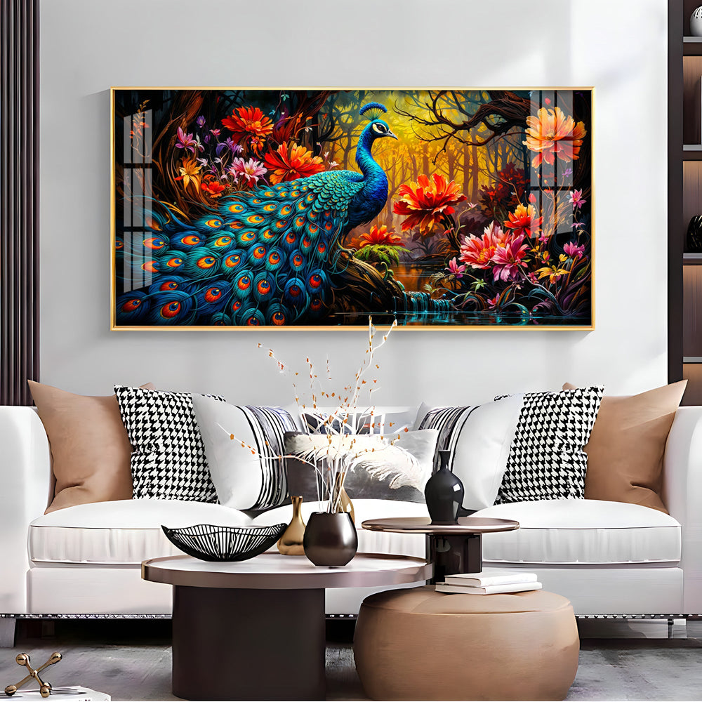 Surreal Peacock With Red Blossom Premium Acrylic Horizontal Wall Art