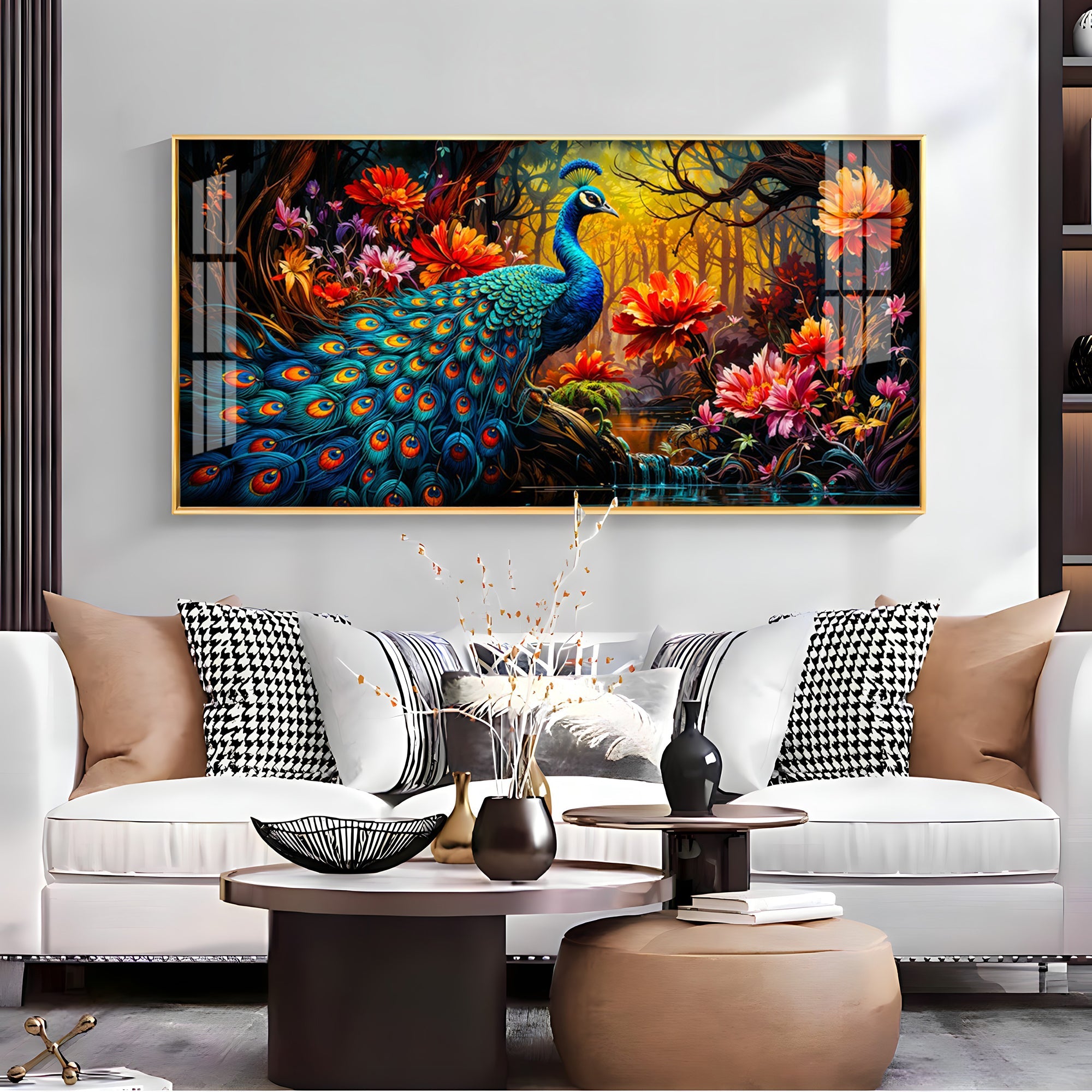 Surreal Peacock With Red Blossom Premium Acrylic Horizontal Wall Art