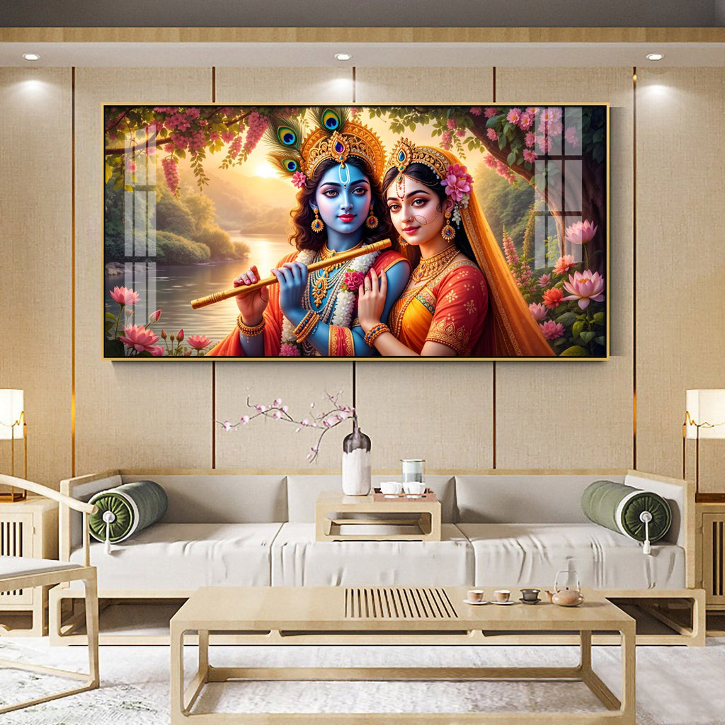Radha With Krishna Playing Flute Premium Acrylic Horizontal Wall Art