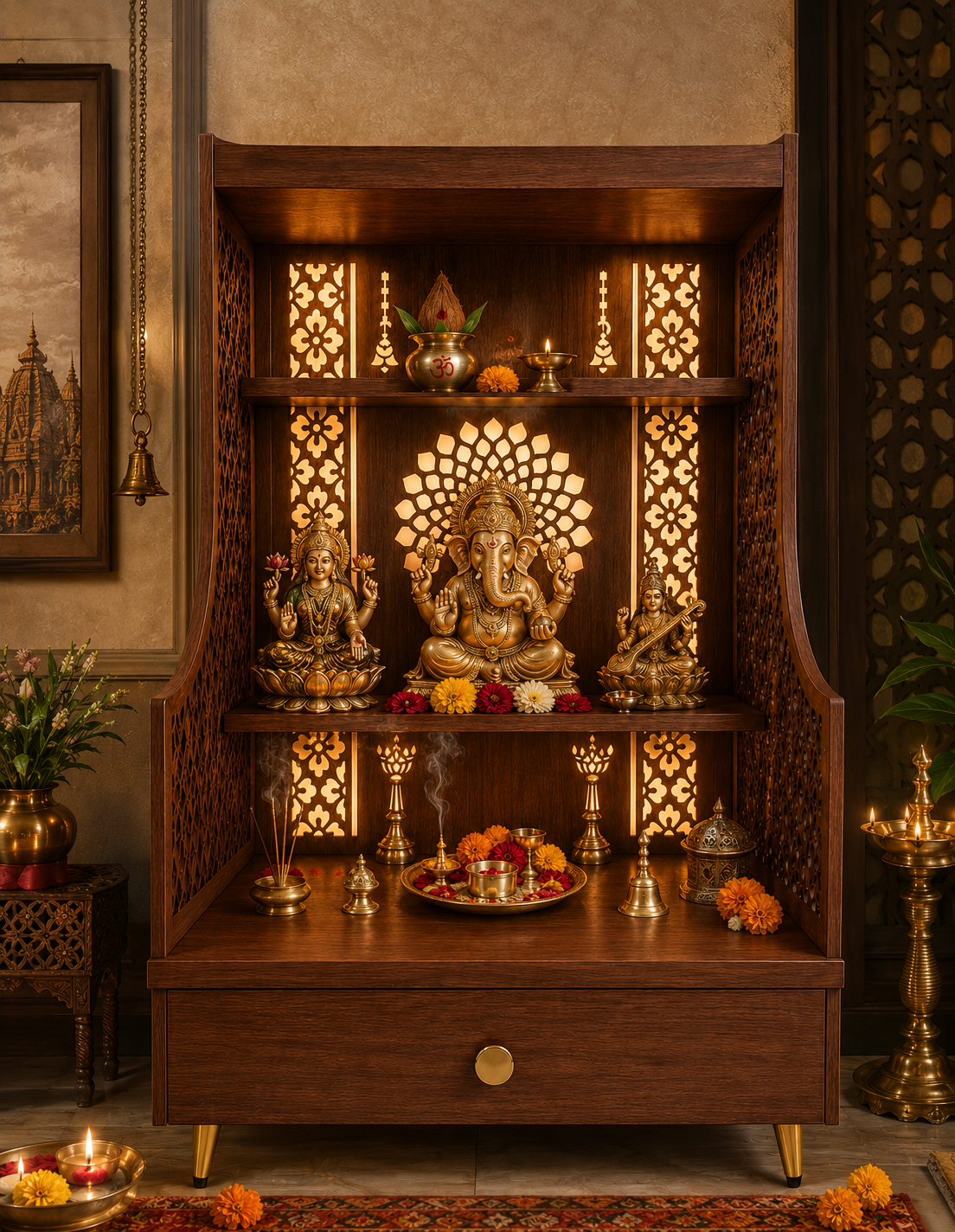 Small Home Mandir with Storage and Carved Floral Side Panels
