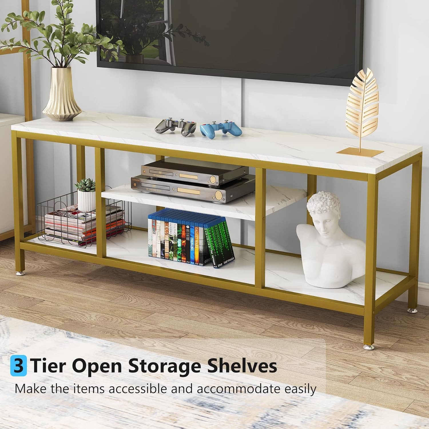 5 - Tier Rectangle White Marble Gold Entryway Console Table - Decor Smart