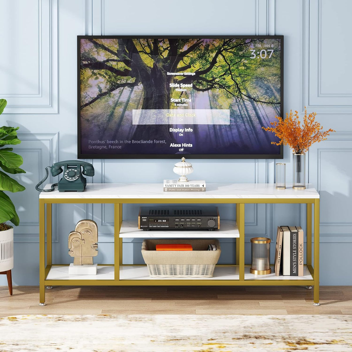 5 - Tier Rectangle White Marble Gold Entryway Console Table - Decor Smart