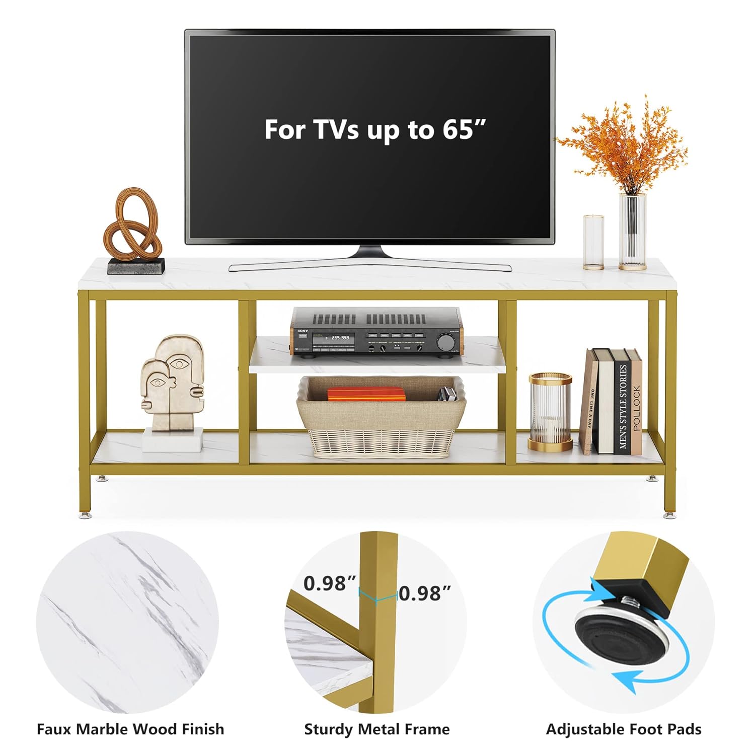 5 - Tier Rectangle White Marble Gold Entryway Console Table - Decor Smart