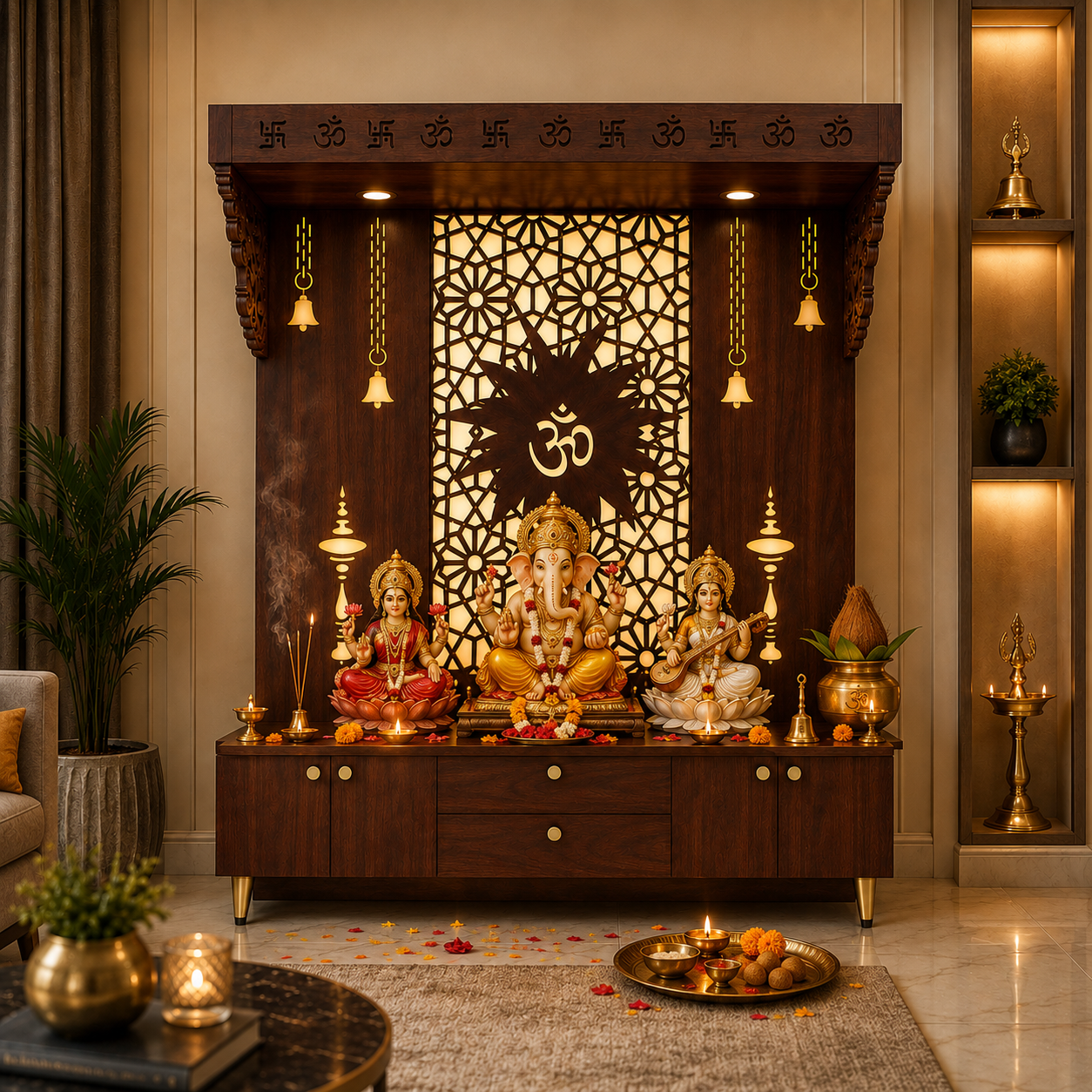 Spacious Wooden Pooja Mandir with Backlit Om Design and Storage
