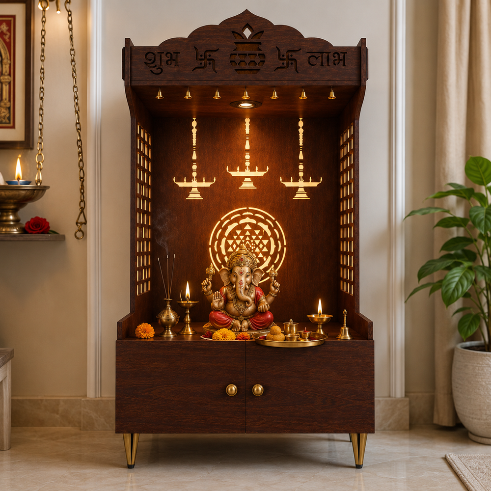 Elegant Wooden Floor Pooja Mandir with Laser-Cut Design with Storage Cabinet