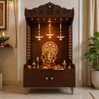 Elegant Wooden Floor Pooja Mandir with Laser-Cut Design with Storage Cabinet
