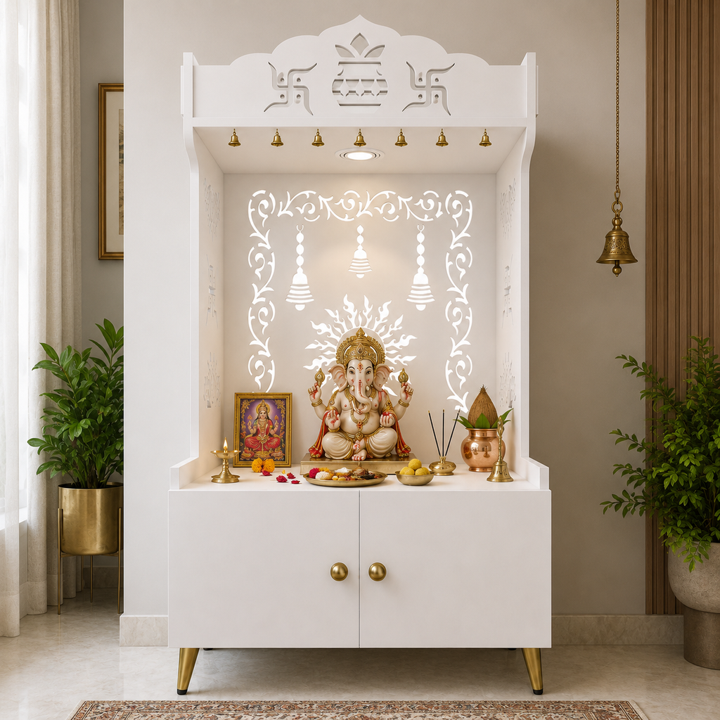 Brown Wooden Floor Pooja Mandir with Kalash & Om Design Laser-Cut Bell Motifs & Storage Cabinet