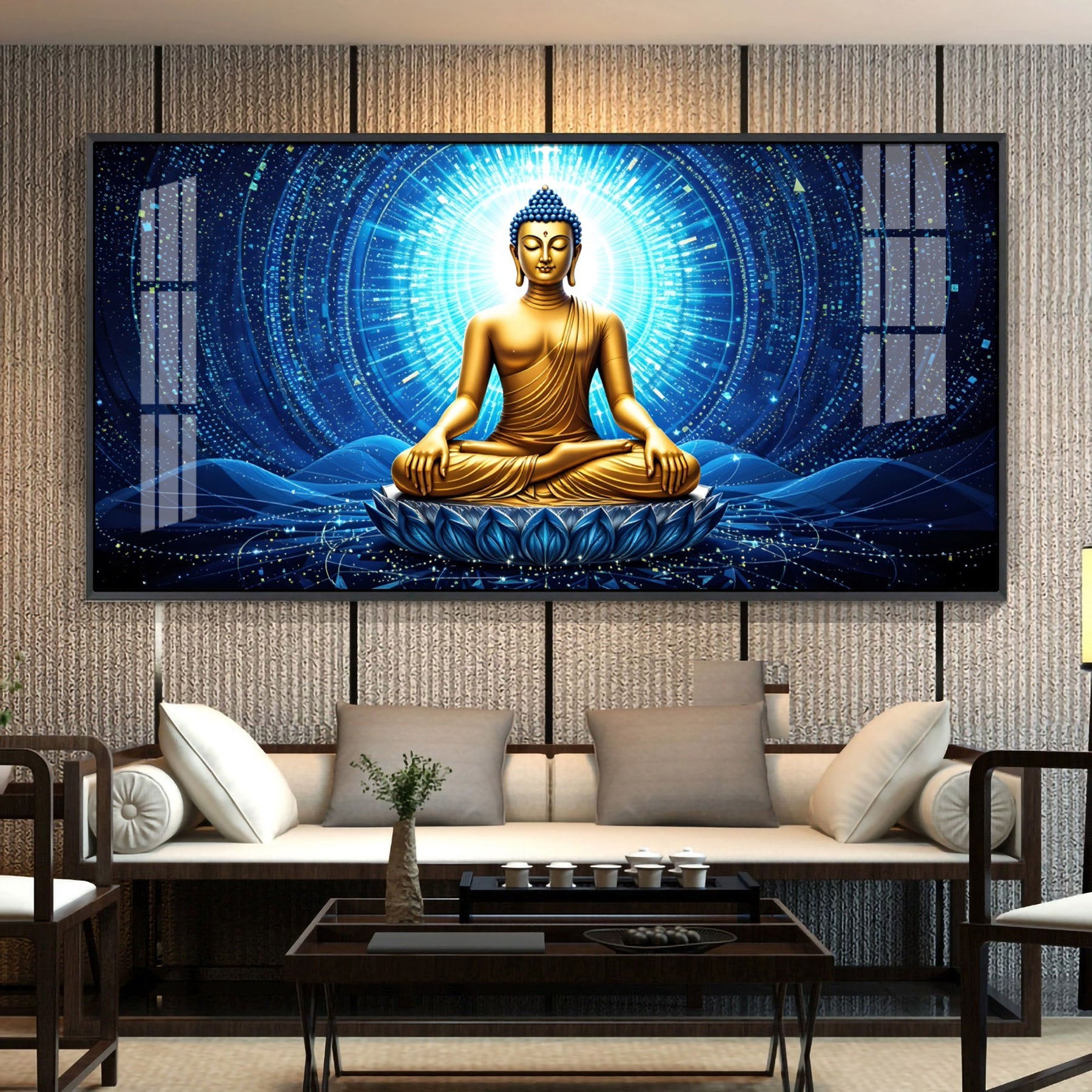 Buddha Bliss In Blue Aura Premium Acrylic Horizontal Wall Art