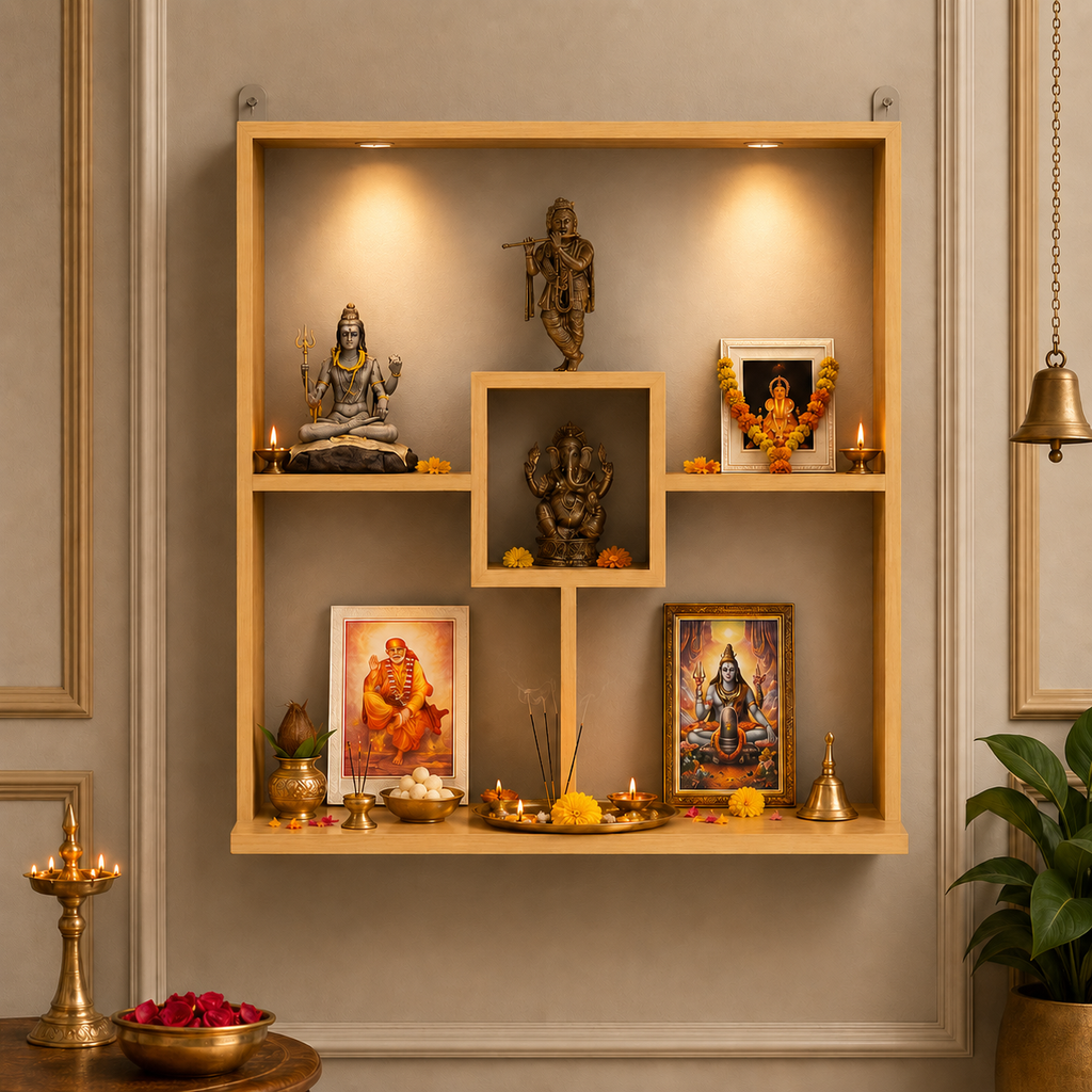 Stunning Wall Mounted Shelf Styled Wooden Temple with LED Lights for Home