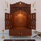 Modern White Wooden Floor Pooja Mandir with Doors Laser-Cut Om & Diya Design with Storage Cabinet