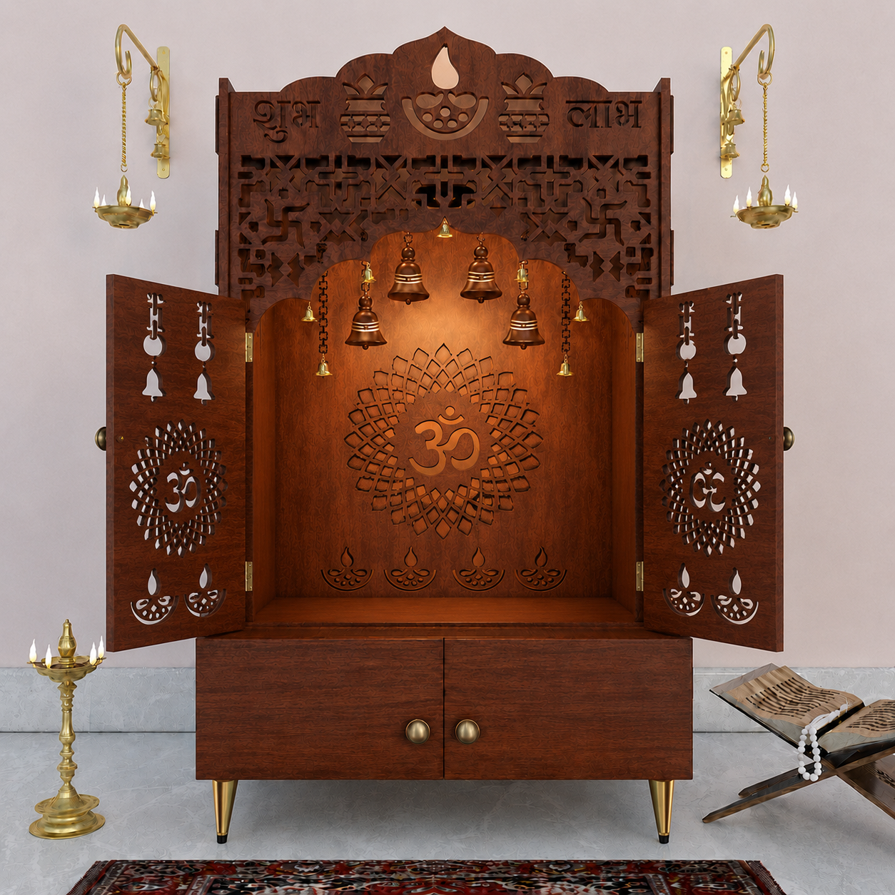 Modern White Wooden Floor Pooja Mandir with Doors Laser-Cut Om & Diya Design with Storage Cabinet