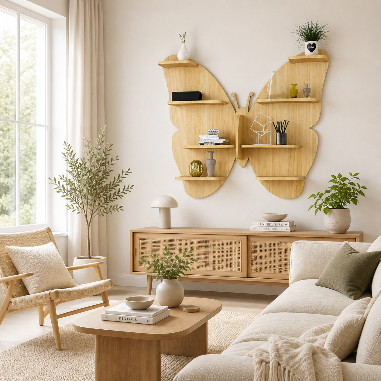 Butterfly Shape Backlit Designer Wooden Wall Shelf / Book Shelf / Night Light, Oak Finish