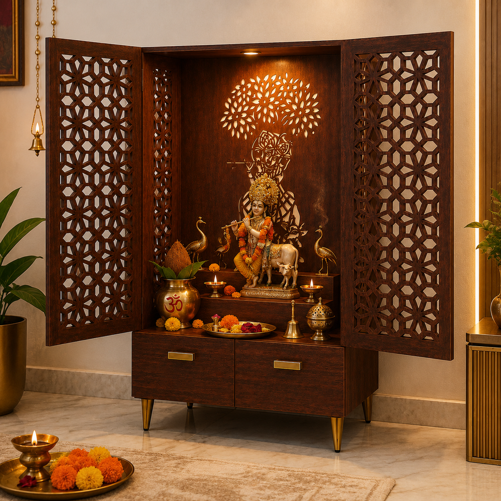 Brown Wooden Mandir for Home with Backlit Krishna and Peacocks