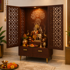 Brown Wooden Mandir for Home with Backlit Krishna and Peacocks