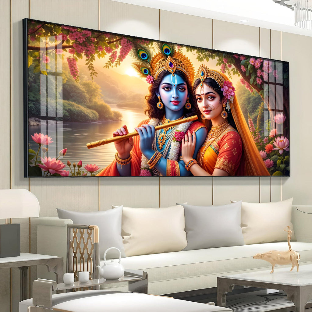 Radha With Krishna Playing Flute Premium Acrylic Horizontal Wall Art