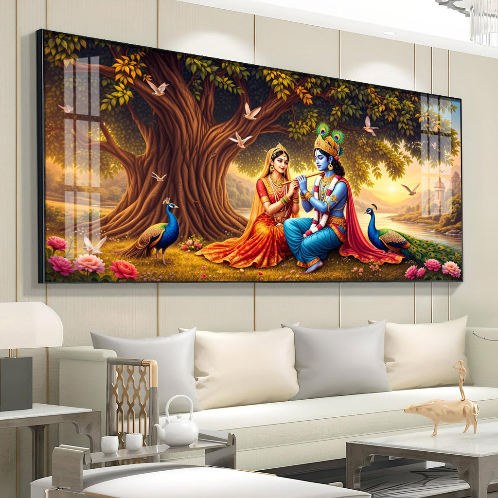 Radha Krishna In Sunset Forest Premium Acrylic Horizontal Wall Art