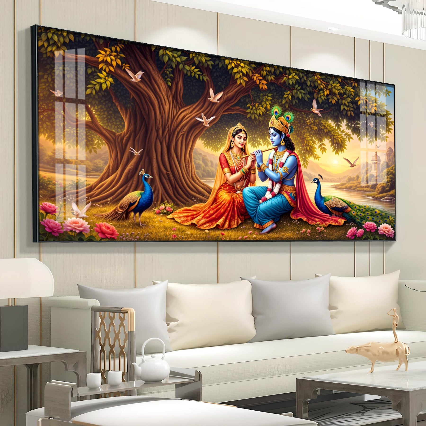 Radha Krishna In Sunset Forest Premium Acrylic Horizontal Wall Art