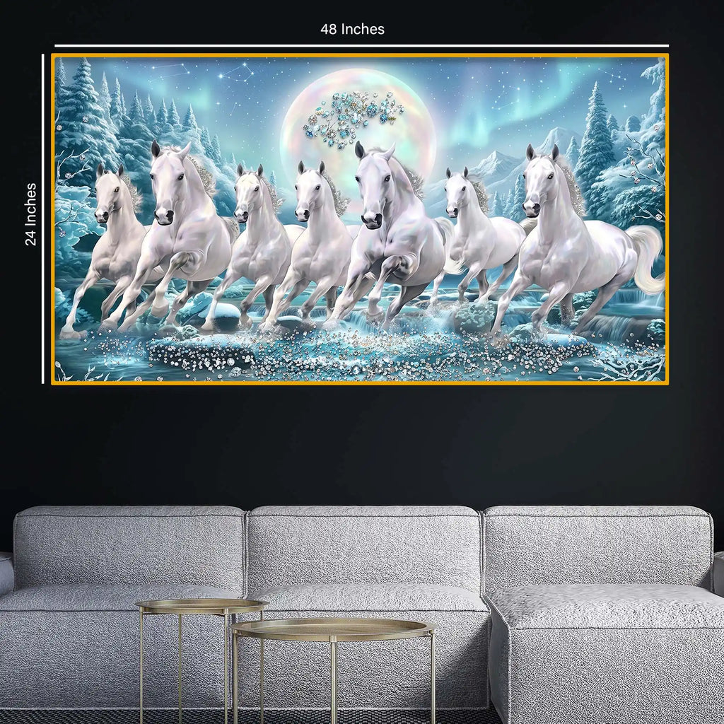 7 White Horses Crystal Glass Painting for Modern Vastu Decor