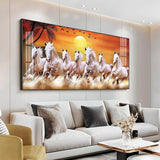 7 White Running Horses in The Sea With Sunrise Premium Acrylic Floating Wall Painting - Decor Smart
