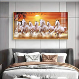 7 White Running Horses in The Sea With Sunrise Premium Acrylic Floating Wall Painting - Decor Smart