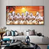 7 White Running Horses in The Sea With Sunrise Premium Acrylic Floating Wall Painting - Decor Smart