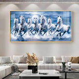 7 White Running Horses With Sunrise Premium Acrylic Floating Wall Painting - Decor Smart