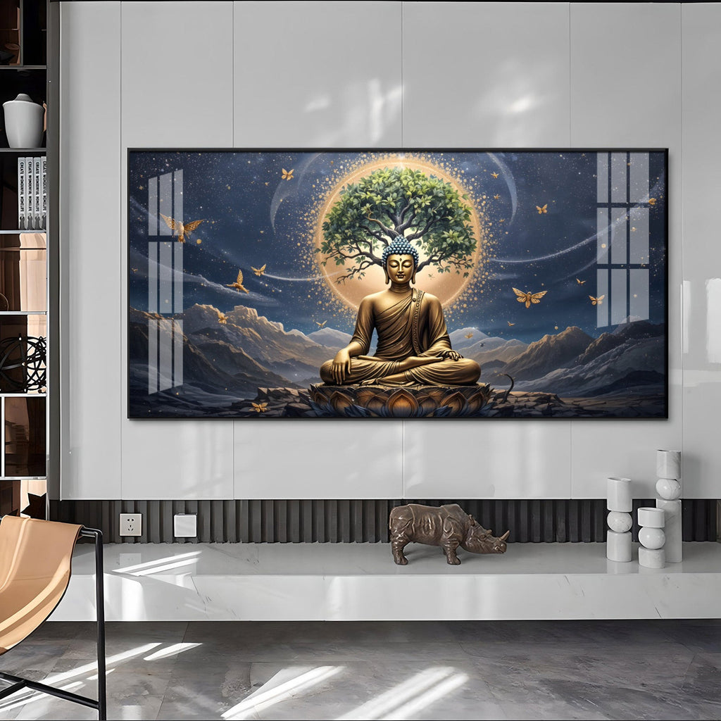 Meditating Buddha In Night Premium Acrylic Horizontal Wall Art